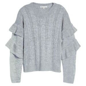 WAYF Sophie Crop Cable Knit Sweater Heather Gray Ruffle Sleeve‎ Women Large Crew